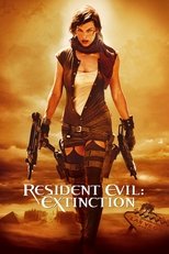 Movie poster for Resident Evil: Extinction. A woman in a brown leather outfit and thigh holsters stands facing the camera with a handgun in each hand, against a hazy orange desert sky. A convoy of vehicles is visible small in the distance behind her. The title appears at the bottom in red capitals.