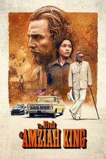 Movie poster for The Blues of Amziah King. A collage on a warm orange background showing a bearded man's face at the top, a young woman below him, and a man in a white suit and hat standing to the right. Cars and a rural landscape fill the lower half. The title appears in white letters across the middle.