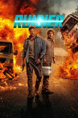 Movie poster for Runner. Two men walk toward the camera away from a burning vehicle, one carrying a metal case. Flames and smoke fill the background. The title appears in blue and white capitals at the top.