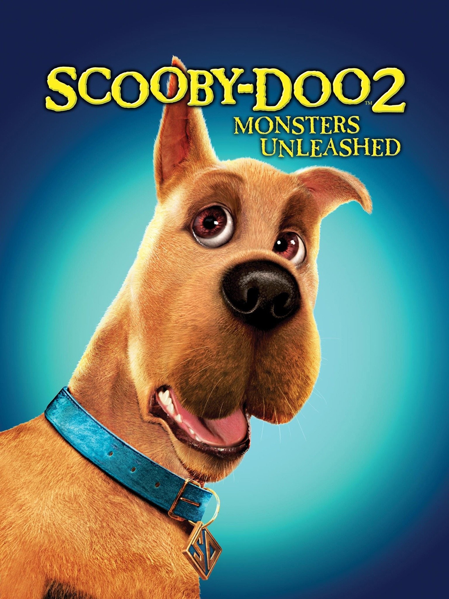 Movie poster for Scooby-Doo 2: Monsters Unleashed. A brown computer-animated Great Dane grins at the camera in close-up, wide-eyed, one ear up and one flopped over. He wears a blue collar with a gold diamond tag marked “SD.” The title appears in yellow letters on a glowing teal background.