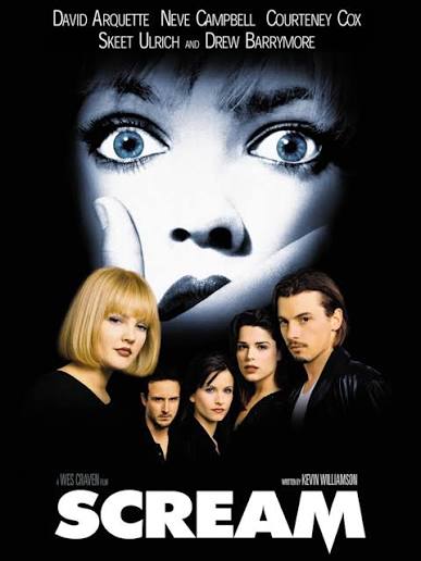 Movie poster for Scream. A woman's face fills the upper half of the frame in black and white, her eyes wide and blue, with a dark open mouth. Five people in black stand grouped below her against the darkness. The title appears at the bottom in large white capitals.