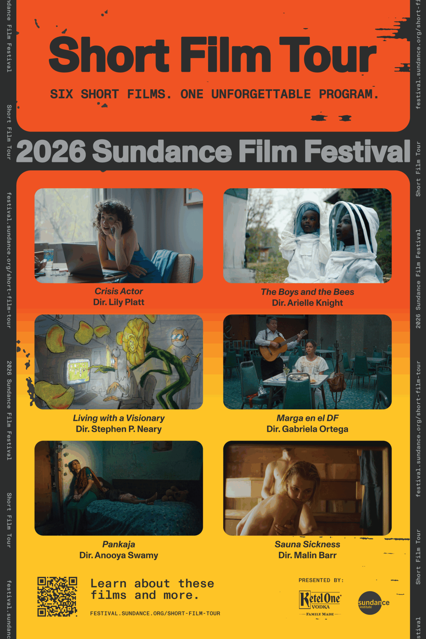 Movie poster for 2026 Sundance Film Festival: Short Film Tour. A grid of six film stills on an orange and yellow background, each captioned with its title and director. The tagline above reads "Six short films. One unforgettable program." The films are Crisis Actor, The Boys and the Bees, Living with a Visionary, Marga en el DF, Pankaja, and Sauna Sickness.