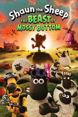Movie poster for Shaun the Sheep: The Beast of Mossy Bottom. Stop-motion animation of a flock of sheep gathered on a green hillside at dusk, with a large shaggy dark creature standing among them. A windmill and a farmhouse sit behind, and bats fly across a purple sky. The title appears at the top in white and yellow.