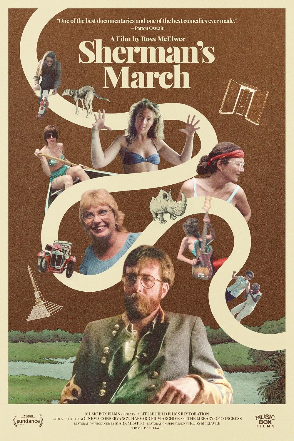 Movie poster for Sherman's March. A collage of photographs from the 1980s arranged along a winding cream ribbon on a brown background: several women in swimsuits and casual clothes, a dog, a vintage car, a rhinoceros figurine. At the bottom, a bearded man in a green jacket sits in front of a painted landscape. The title appears in cream serif letters at the top.