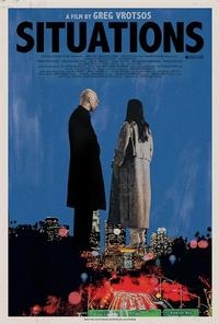 Movie poster for Situations. Two figures in long dark coats stand with their backs to the camera, one with white hair and one with long dark hair, looking out over a city at night rendered in smeared red and green light. The sky above them is deep blue. The title appears across the top in white capitals.