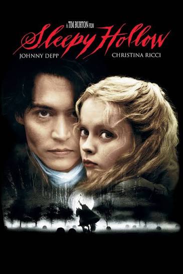 Movie poster for Sleepy Hollow. A pale, dark-haired man in a high collar and a young woman with wavy blonde hair press cheek to cheek, staring out. Below, a rider on horseback raises a blade against a full moon over a misty graveyard. The title appears in red script.