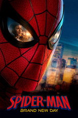 Movie poster for Spider-Man: Brand New Day. Extreme close up of Spider-Man's red and black webbed mask filling the frame. A blonde woman lit by firelight is reflected in the left eye lens, and a city skyline at dusk is reflected in the right. The title appears in red block letters at the bottom with "Brand New Day" beneath it in yellow.