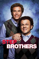 Movie poster for Step Brothers. Two grown men pose together in a formal studio portrait against a mottled blue backdrop, both in argyle sweater vests over collared shirts, one with an arm around the other. The title appears at the right in white block capitals inside a red band.