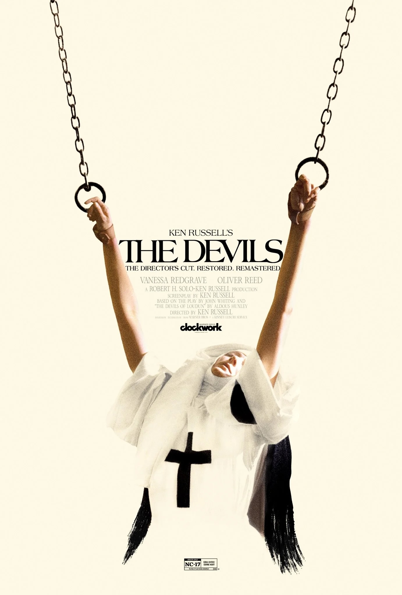 Movie poster for The Devils. A woman in a white nun’s habit marked with a black cross grips two iron rings hanging from chains, arms stretched overhead, head tipped back, eyes closed. The title appears in black serif capitals above “The Director’s Cut. Restored. Remastered.”