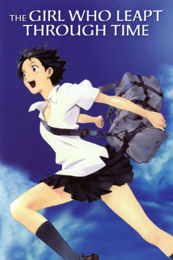 Movie poster for The Girl Who Leapt Through Time. Animated. A schoolgirl in a white shirt and navy skirt runs mid-stride through a blue sky, mouth open, a gray duffel bag slung across her back. The title appears at the top in white capitals.