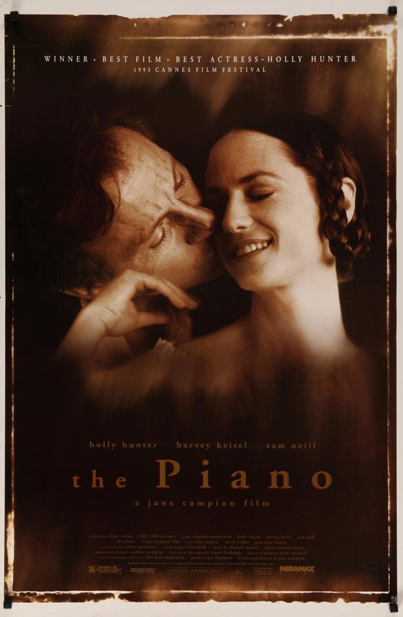 Poster for The Piano. A sepia-toned photograph, softly grained and edged like an aged print: a woman with dark hair in a long braid tilts her head back, eyes closed, smiling, as a man leans in close and presses his face to her cheek. Text at the top reads "Winner — Best Film, Best Actress, Holly Hunter — 1993 Cannes Film Festival." Below, the cast is listed as Holly Hunter, Harvey Keitel, and Sam Neill, above the title "The Piano" and the line "A Jane Campion film."