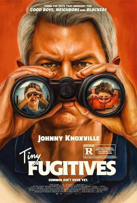 Movie poster for Tiny Fugitives. Illustration of a man holding binoculars to his eyes against an orange background, his face filling the frame. Two boys are reflected in the lenses, one holding his own binoculars and one grinning. The title appears at the bottom in white, above the tagline "Summer ain't over yet."