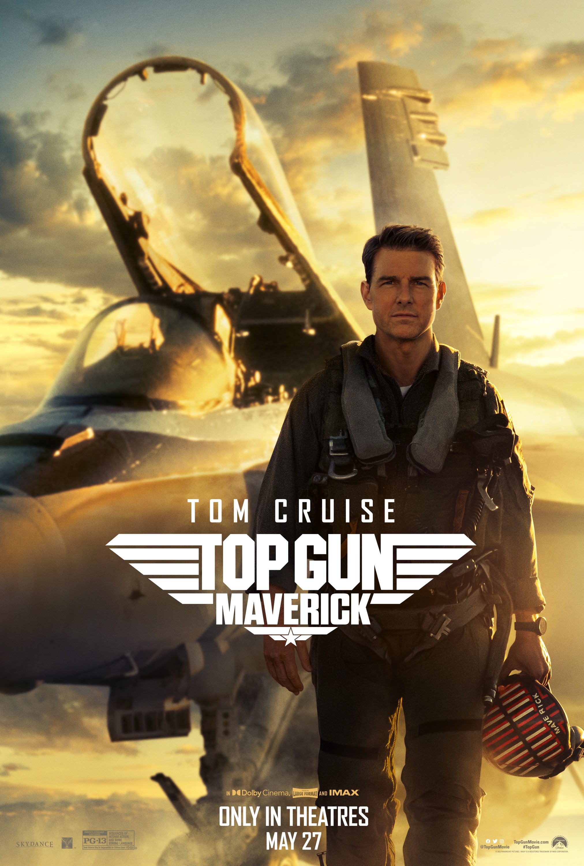 Movie poster for Top Gun: Maverick. A dark-haired man in a flight suit and harness walks toward the camera, carrying a red and white striped helmet. Behind him, a fighter jet with its cockpit canopy open glows in golden sunset light. The title appears in white letters on a winged emblem.