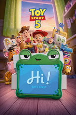 Movie poster for Toy Story 5. A crowd of toys stands clustered behind a green frog shaped tablet case, its screen reading "Hi! Let's play?" A cowboy, a spaceman, and a cowgirl doll are among the toys in front. The title appears in the corner in red and blue block letters.