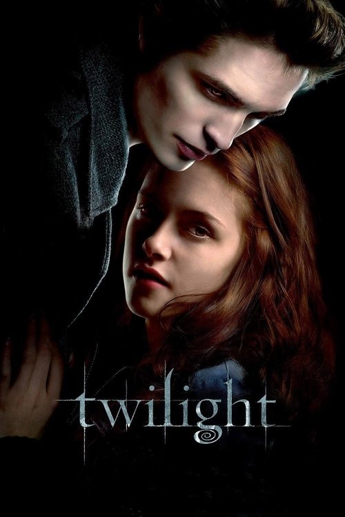 Movie poster for Twilight. A pale young man in a dark jacket leans over a young woman with long auburn hair, his face close to her temple. She looks toward the camera with a still expression. The background is near black. The title appears at the bottom in white lowercase lettering.