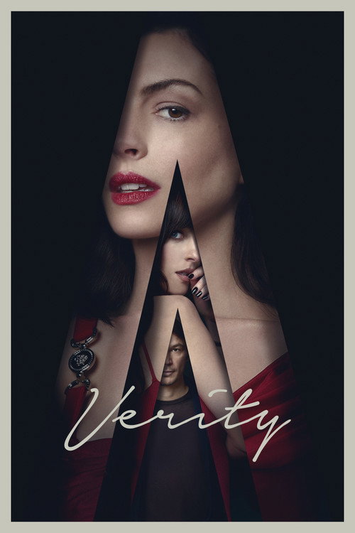 Movie poster for Verity. A woman's face in red lipstick fills the frame, cut through by a large triangular wedge of black. Nested inside the wedge are two smaller images: a woman with a finger to her lips, and below her a man looking up at the camera. The title appears across the bottom in white script.