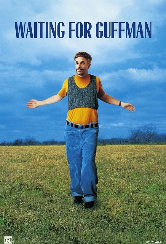 Movie poster for Waiting for Guffman. A man in a yellow t-shirt, gray sweater vest, and baggy jeans stands alone in a grassy field, arms held out from his sides, looking off to the left with a small smile. Dark clouds fill the sky behind him. The title appears at the top in navy capitals.