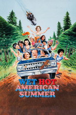 Movie poster for Wet Hot American Summer. Illustration of about a dozen young people packed into and hanging off a blue van barreling down a dirt road through pine woods, arms in the air. A motorcycle flies through the sky above them. The title appears at the bottom in red, white, and blue block letters.