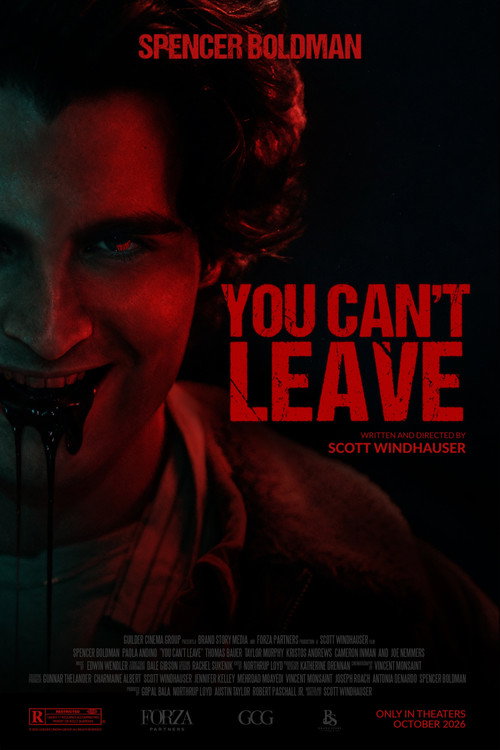 Movie poster for You Can’t Leave. A close-up of a man’s face, washed in deep red, grins wide at the camera, with dark streaks running down from his mouth. The title appears in bold block letters on the right side against black.